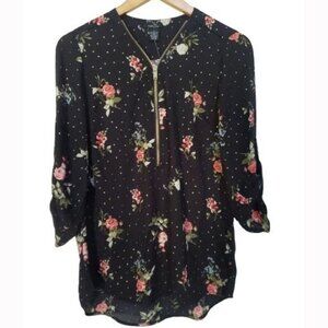Rue 21 Black Floral 1/2 Zip Roll Tab Sleeve Blouse Women's Sz S
